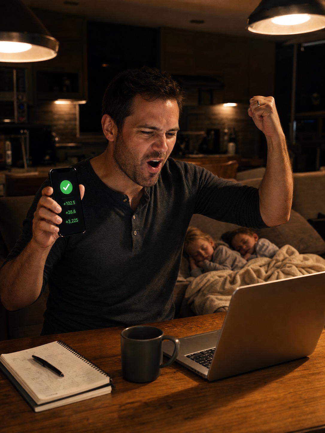 A dad celebrating a fantasy win at his kitchen table late at night while his family sleeps in the background