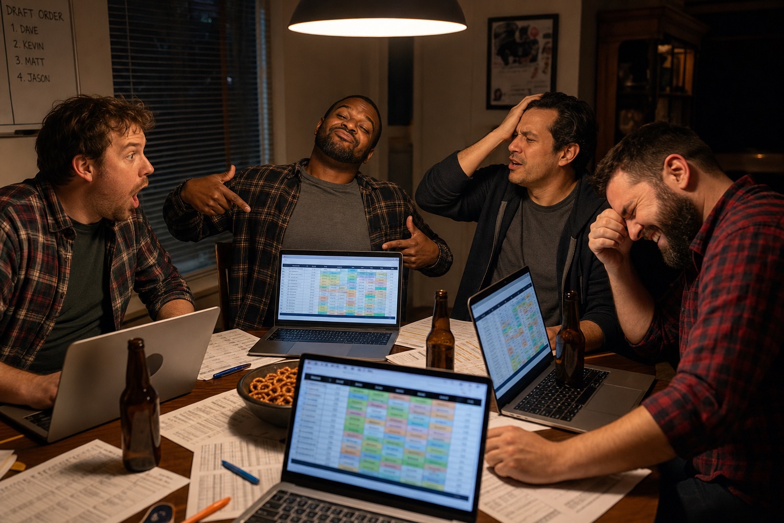 Four fantasy football managers at a draft night table with laptops, beer, and draft boards, one pointing confidently, others reacting in shock