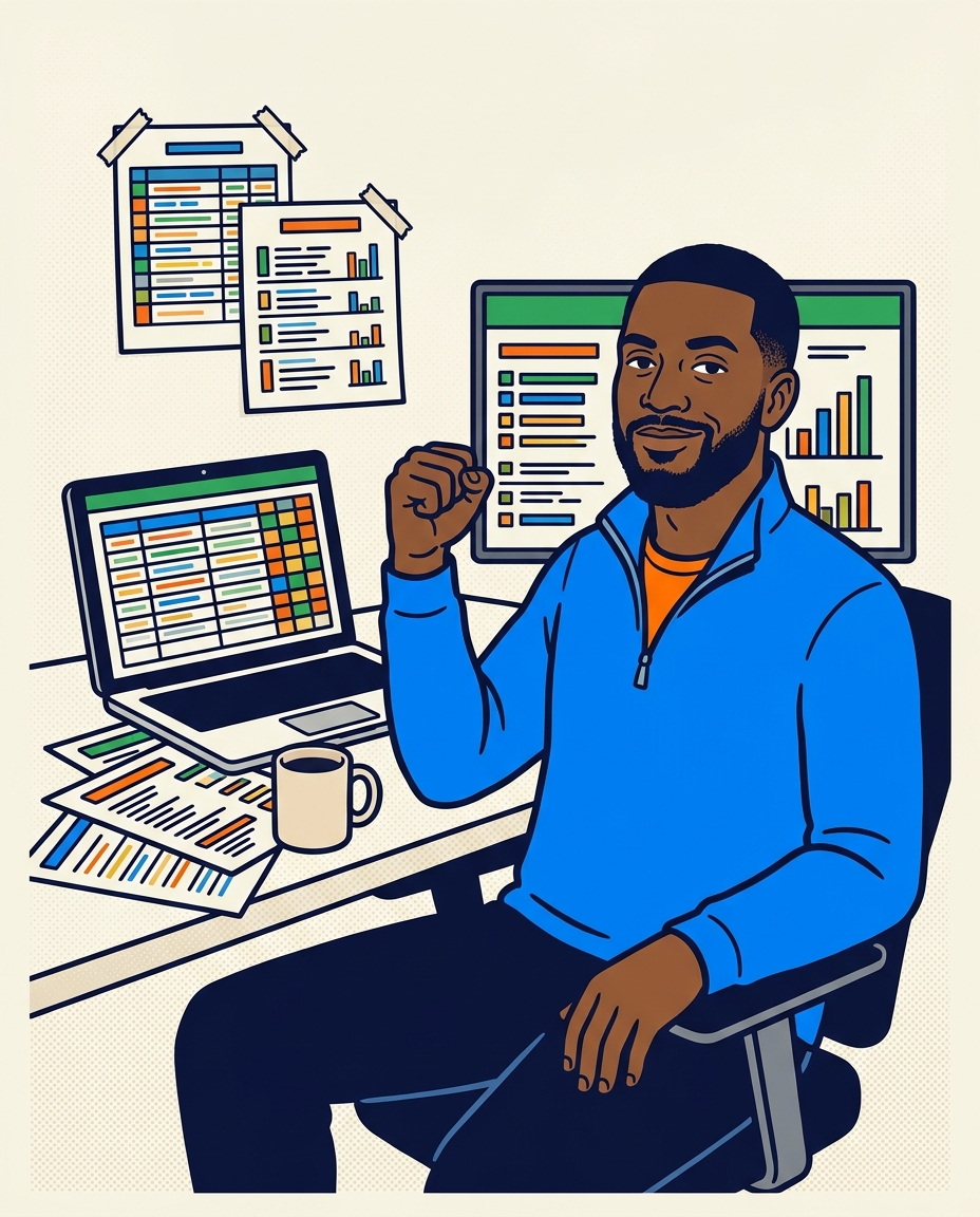 Illustrated fantasy expert dad at his command center covered in cheat sheets and rankings