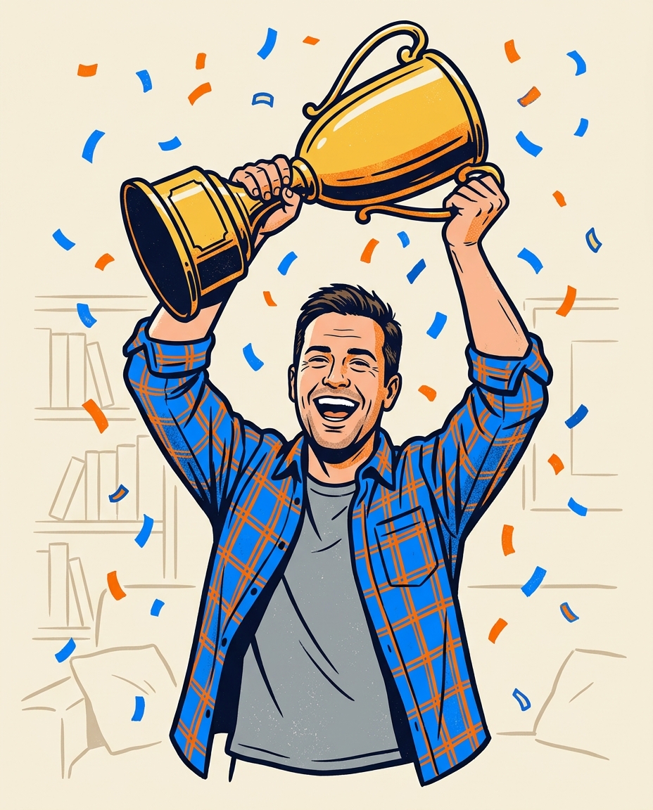 Illustration of a dad in a cream sweater proudly holding a fantasy football trophy